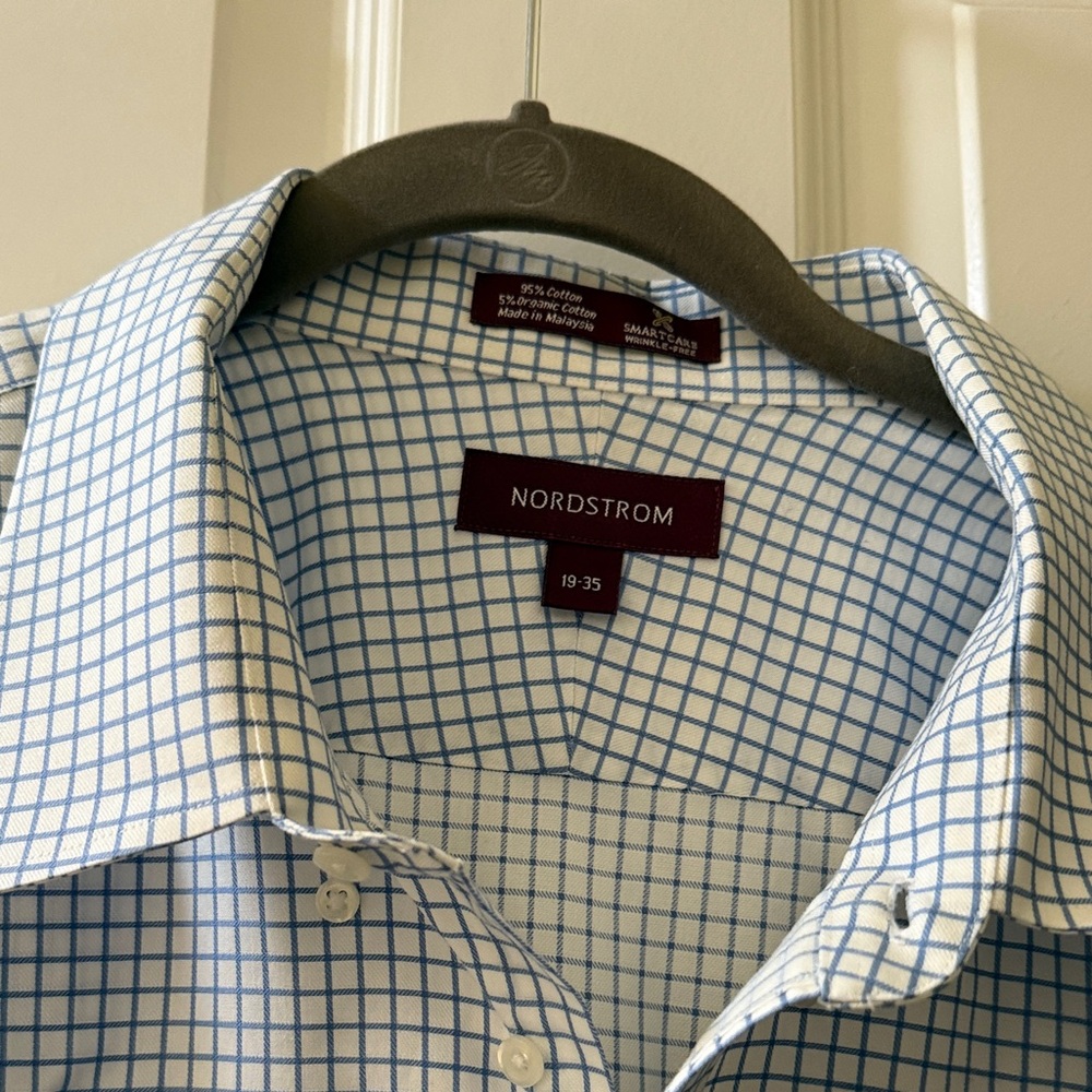 Nordstrom White and Blue Grid Dress Shirt Smartcare